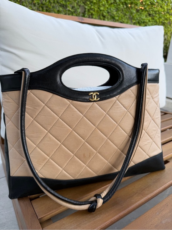 CHANEL Handbags - Vintage CHANEL Quilted Leather Tote Beige Black Gold CC Y2K